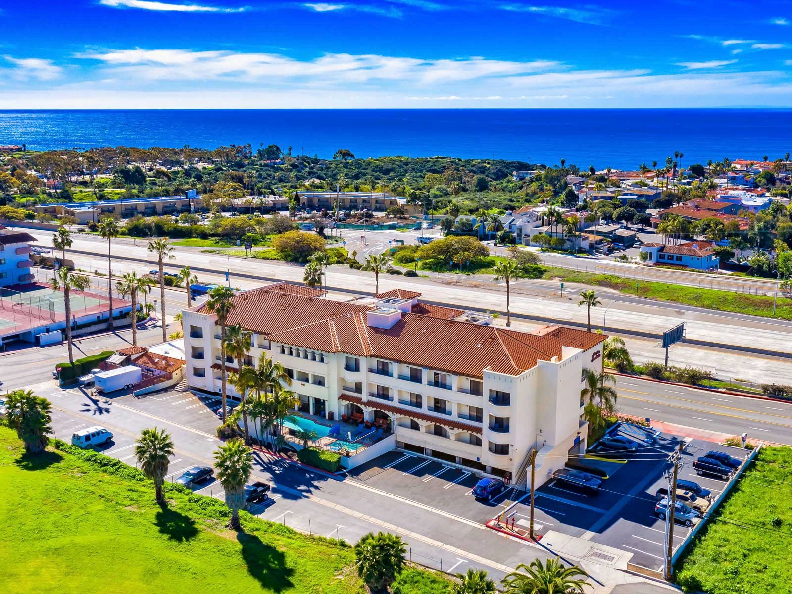 Hampton Inn view from behind with the ocean